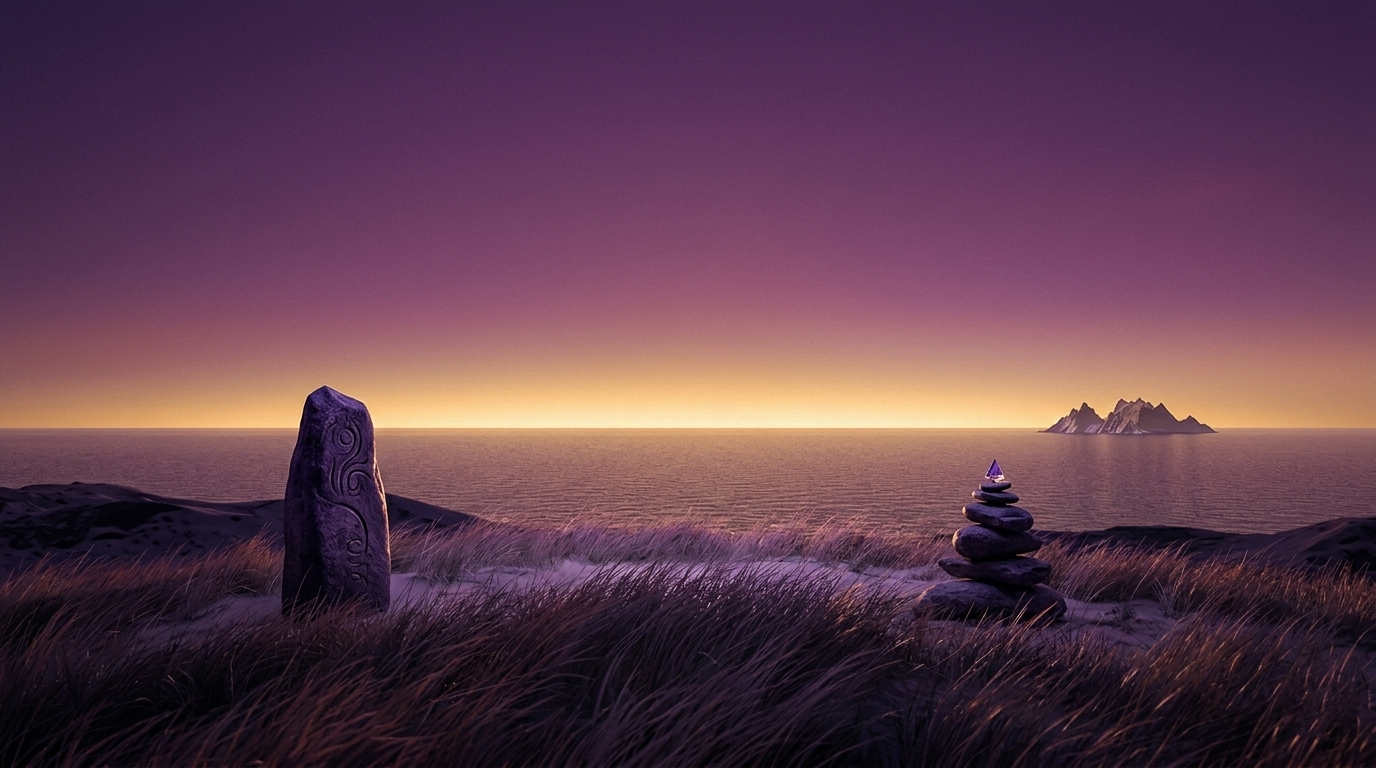 Magical landscape with ancient rune stones on a cliff overlooking a dark sea under purple twilight sky